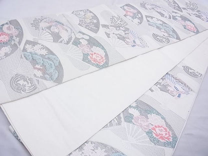 平和屋着物◎六通柄袋帯 唐織 扇面散らし プラチナ箔 逸品 BAAE8725cm