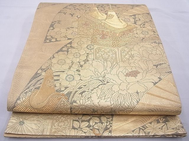 平和屋着物◎六通柄袋帯 花車文様 金糸 逸品 BAAE8727cm