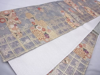 平和屋着物◎六通柄袋帯 唐織 ヱ霞花蝶文 金糸 逸品 BAAE8737cm