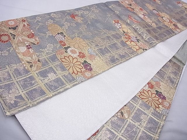 平和屋着物◎六通柄袋帯 唐織 ヱ霞花蝶文 金糸 逸品 BAAE8737cm