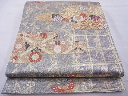 平和屋着物◎六通柄袋帯 唐織 ヱ霞花蝶文 金糸 逸品 BAAE8737cm