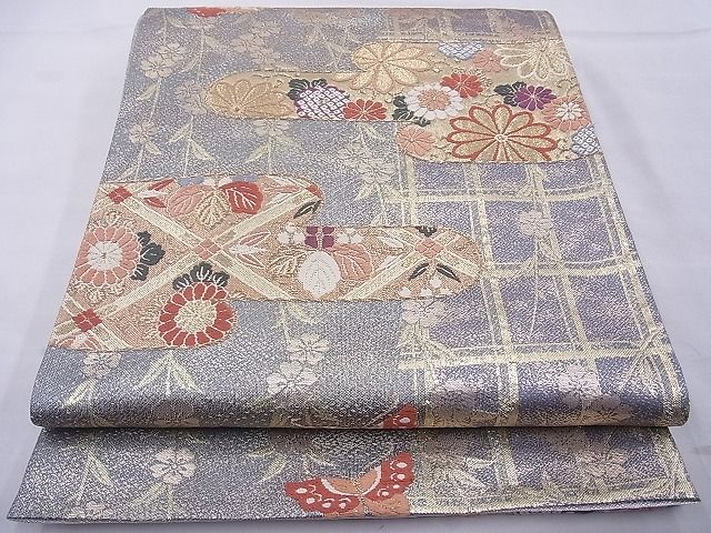 平和屋着物◎六通柄袋帯 唐織 ヱ霞花蝶文 金糸 逸品 BAAE8737cm