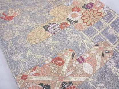 平和屋着物◎六通柄袋帯 唐織 ヱ霞花蝶文 金糸 逸品 BAAE8737cm