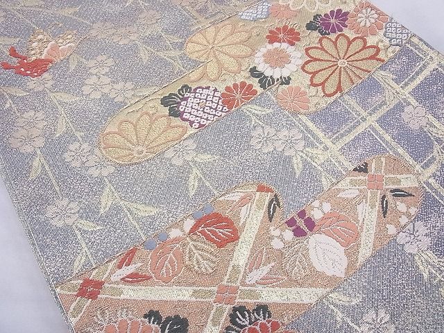 平和屋着物◎六通柄袋帯 唐織 ヱ霞花蝶文 金糸 逸品 BAAE8737cm