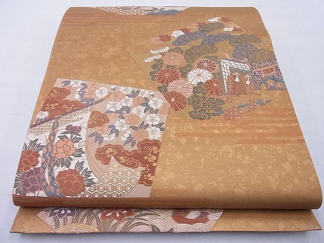 平和屋着物◎六通柄袋帯 唐織 色紙古代箔文 金糸 逸品 BAAE8788cm