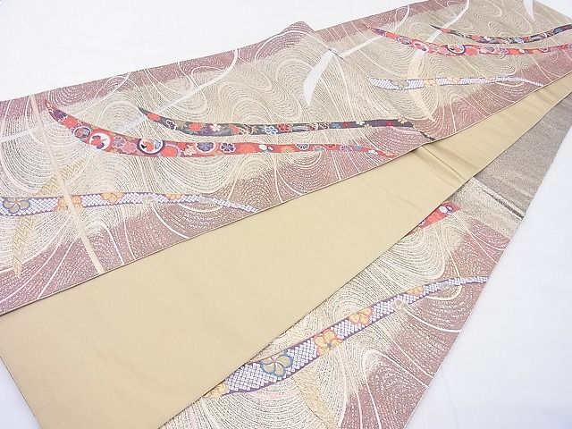 平和屋着物◎六通柄袋帯 唐織 流水熨斗慶長文 金銀糸 逸品 BAAE8791cm