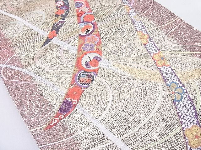 平和屋着物◎六通柄袋帯 唐織 流水熨斗慶長文 金銀糸 逸品 BAAE8791cm
