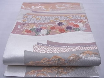 平和屋着物◎六通柄袋帯 唐織 熨斗飛鶴花文 金銀糸 逸品 BAAE8798cm
