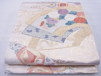 平和屋着物◎六通柄袋帯 唐織 花地紙流し 金糸 逸品 BAAE8800cm