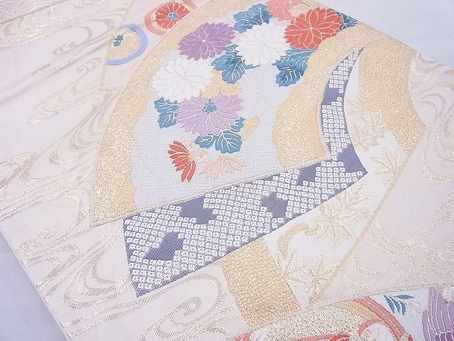 平和屋着物◎六通柄袋帯 唐織 花地紙流し 金糸 逸品 BAAE8800cm