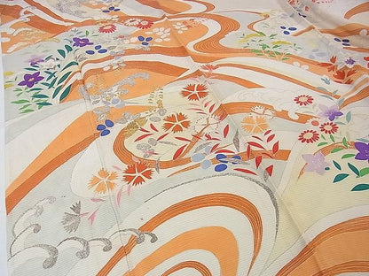 平和屋本店■希少　夏物　アンティーク　大正ロマン　振袖　絽　刺繍　立波花文　金銀糸　逸品　DZAA1187kh4