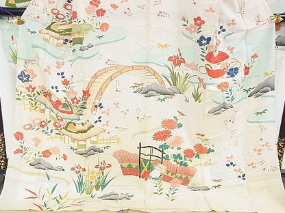 平和屋本店■希少　夏物　アンティーク　大正ロマン　振袖　絽　駒刺繍　渡橋風景花文　金彩　逸品　DZAA1188kh4