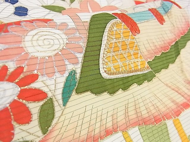 平和屋本店■希少　夏物　アンティーク　大正ロマン　振袖　絽　駒刺繍　渡橋風景花文　金彩　逸品　DZAA1188kh4
