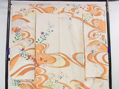 平和屋本店■希少　夏物　アンティーク　大正ロマン　振袖　絽　刺繍　立波花文　金銀糸　逸品　DZAA1187kh4