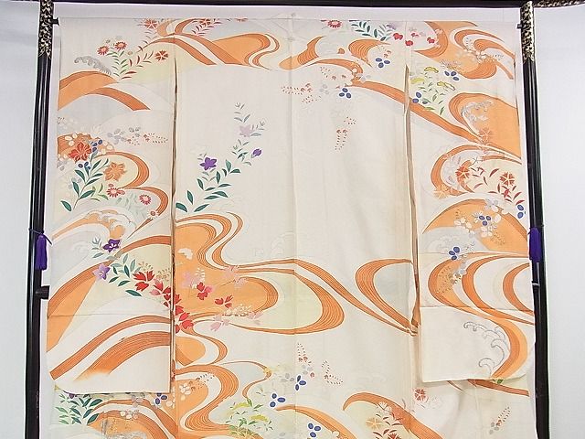 平和屋本店■希少　夏物　アンティーク　大正ロマン　振袖　絽　刺繍　立波花文　金銀糸　逸品　DZAA1187kh4