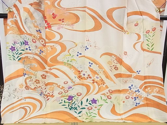 平和屋本店■希少　夏物　アンティーク　大正ロマン　振袖　絽　刺繍　立波花文　金銀糸　逸品　DZAA1187kh4