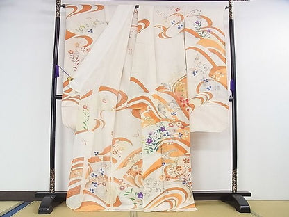平和屋本店■希少　夏物　アンティーク　大正ロマン　振袖　絽　刺繍　立波花文　金銀糸　逸品　DZAA1187kh4
