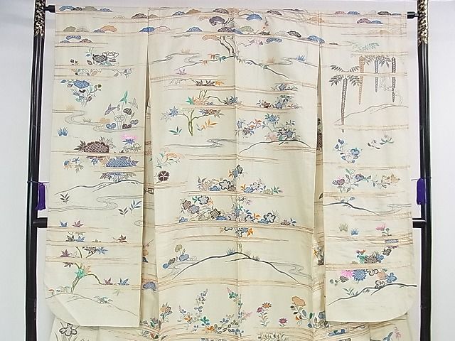平和屋本店■希少　夏物　アンティーク　大正ロマン　振袖　絽　駒刺繍　手刺繍　流水花文　金銀彩　逸品　DZAA1189kh4