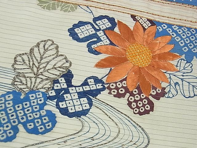 平和屋本店■希少　夏物　アンティーク　大正ロマン　振袖　絽　駒刺繍　手刺繍　流水花文　金銀彩　逸品　DZAA1189kh4
