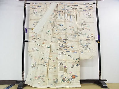 平和屋本店■希少　夏物　アンティーク　大正ロマン　振袖　絽　駒刺繍　手刺繍　流水花文　金銀彩　逸品　DZAA1189kh4