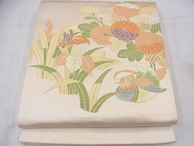 平和屋着物◎太鼓柄袋帯 唐織 八ツ橋 鴛鴦菊水文 金糸 逸品 BAAF3789fk