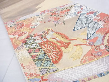 平和屋着物◎太鼓柄袋帯 唐織 御所車花文 金糸 逸品 BAAF9217du