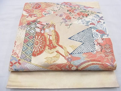 平和屋着物◎太鼓柄袋帯 唐織 御所車花文 金糸 逸品 BAAF9217du