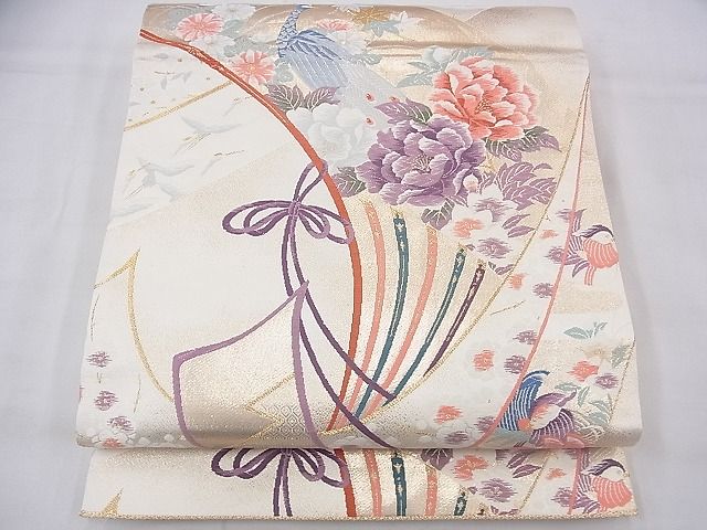 平和屋着物◎六通柄袋帯 唐織 扇緬孔雀文 金糸 逸品 BAAF3884fk