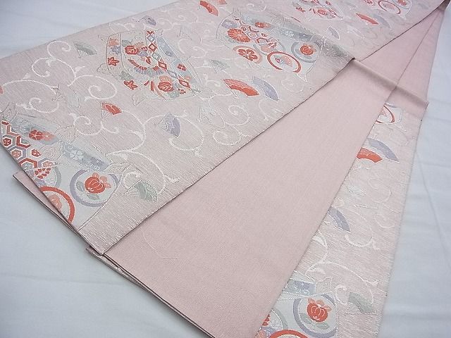 平和屋着物◎六通柄袋帯 唐織 光悦古代錦 花鳥糸巻き文 銀糸 逸品 BAAF9283du