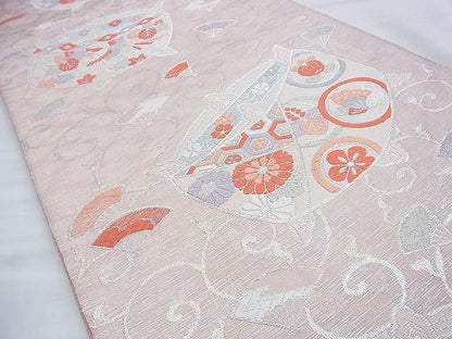 平和屋着物◎六通柄袋帯 唐織 光悦古代錦 花鳥糸巻き文 銀糸 逸品 BAAF9283du