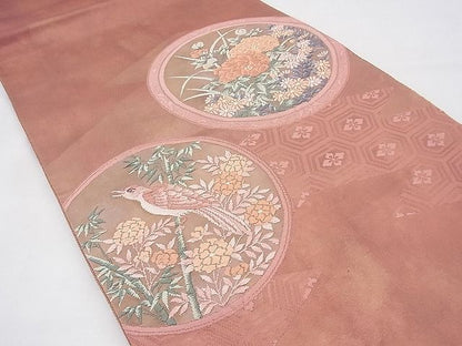 平和屋着物◎太鼓柄袋帯 唐織 四季花鳥丸文 金糸 逸品 BAAF3950fk