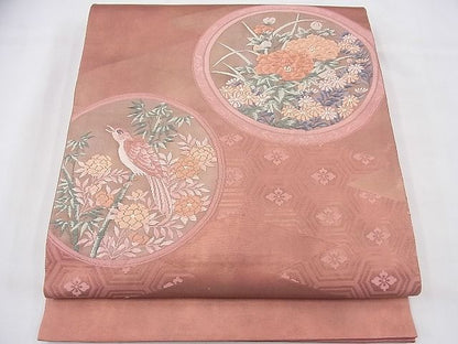 平和屋着物◎太鼓柄袋帯 唐織 四季花鳥丸文 金糸 逸品 BAAF3950fk