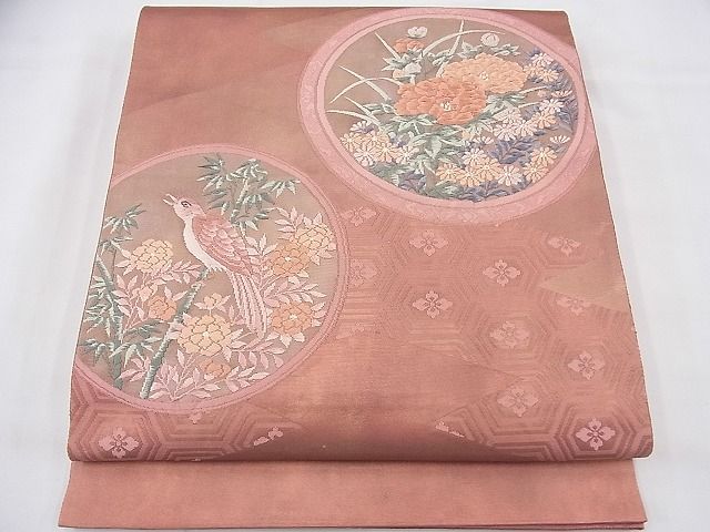平和屋着物◎太鼓柄袋帯 唐織 四季花鳥丸文 金糸 逸品 BAAF3950fk