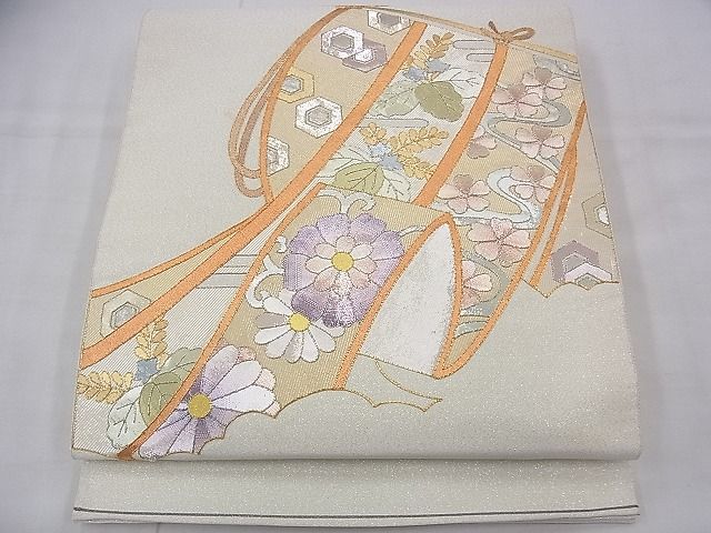 平和屋着物◎佐賀錦　太鼓柄袋帯　駒刺繍　几帳花唐草文　金銀糸　逸品　BAAF3974fk