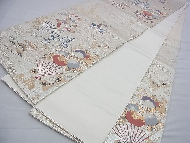 平和屋着物◎六通柄袋帯 唐織 扇面草花文 金銀糸 逸品 BAAF9375du