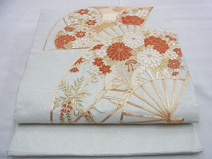 平和屋着物◎太鼓柄袋帯 駒刺繍 扇面花車文 金銀糸 逸品 BAAF9380du