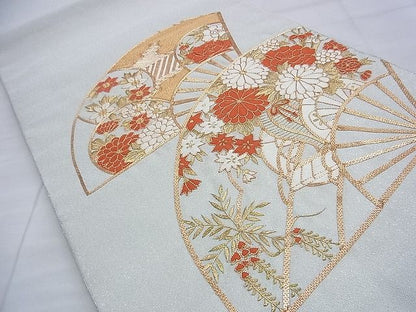 平和屋着物◎太鼓柄袋帯 駒刺繍 扇面花車文 金銀糸 逸品 BAAF9380du