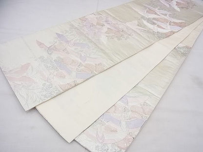 平和屋着物◎六通柄袋帯 飛鶴秋草文 銀糸 逸品 BAAG1227fk