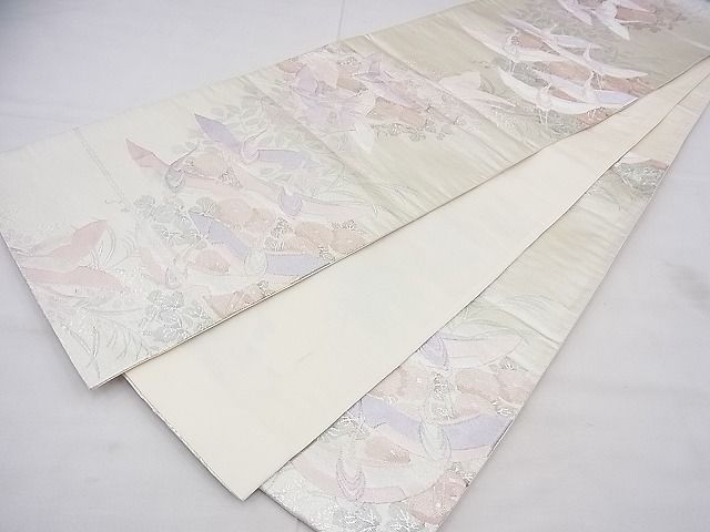 平和屋着物◎六通柄袋帯 飛鶴秋草文 銀糸 逸品 BAAG1227fk