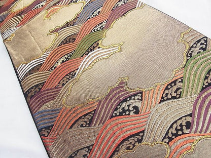 平和屋着物◎六通柄袋帯 唐織 雲隠れ青海波 黒地 金糸 逸品 BAAF6825ow