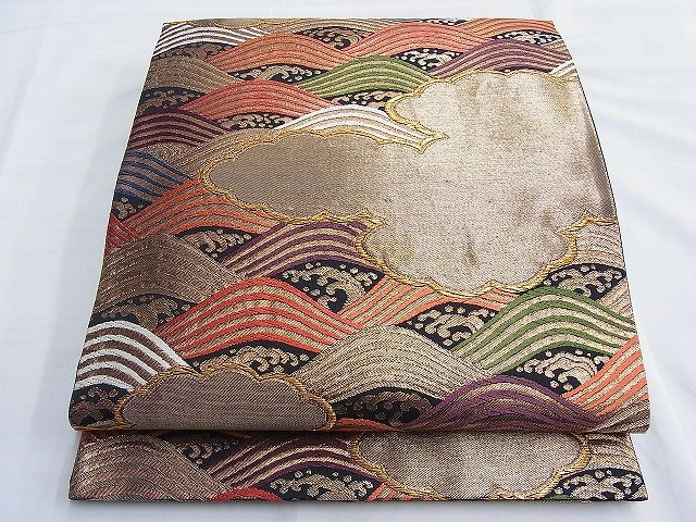 平和屋着物◎六通柄袋帯 唐織 雲隠れ青海波 黒地 金糸 逸品 BAAF6825ow