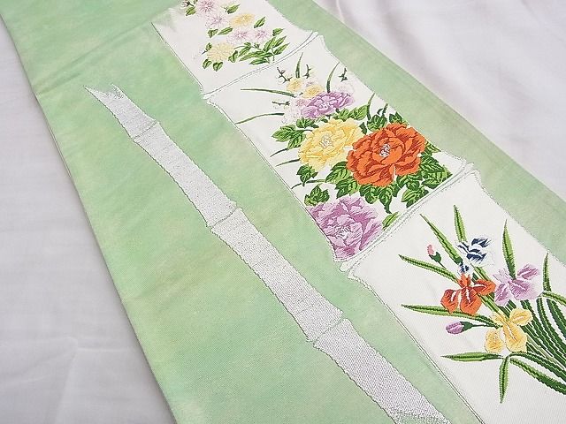 平和屋着物◎太鼓柄袋帯 唐織 竹取り花文 銀糸 逸品 BAAF6841ow