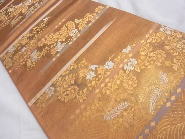 平和屋着物◎六通柄袋帯 唐織 霞道長草花文 金銀糸 三越扱い 逸品 BAAF6856ow