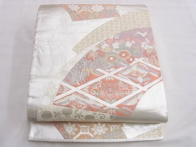 平和屋着物◎六通柄袋帯 唐織 地紙吉祥花文 銀糸 逸品 BAAF6867ow