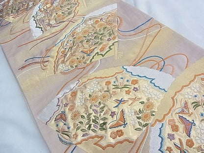 平和屋着物◎六通柄袋帯 唐織 檜扇散らし花蝶文 金銀糸 逸品 BAAF6963ow
