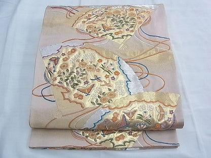 平和屋着物◎六通柄袋帯 唐織 檜扇散らし花蝶文 金銀糸 逸品 BAAF6963ow