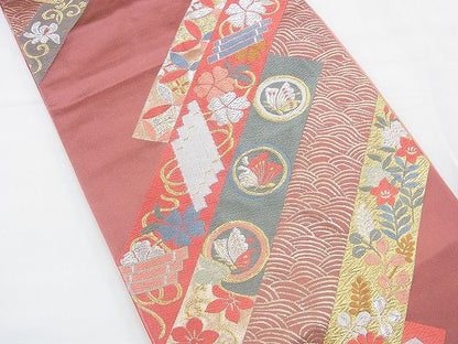 平和屋着物◎六通柄袋帯 唐織 斜め短冊花蝶文 金銀糸 逸品 BAAF2916kj