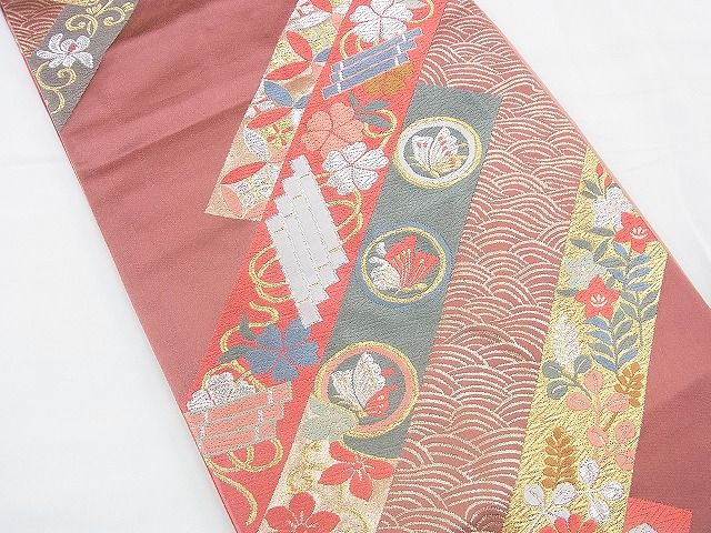 平和屋着物◎六通柄袋帯 唐織 斜め短冊花蝶文 金銀糸 逸品 BAAF2916kj