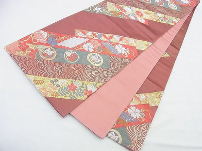 平和屋着物◎六通柄袋帯 唐織 斜め短冊花蝶文 金銀糸 逸品 BAAF2916kj