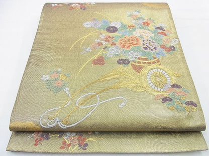 平和屋着物◎太鼓柄袋帯 秋草花車文 金糸 引箔 逸品 BAAF2922kj